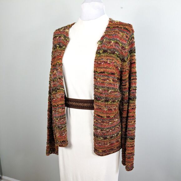 Vintage Talbots Cardigan Sweater Fuzzy Chunky Colorful Stripe Brown Orange 90s M - Picture 1 of 13